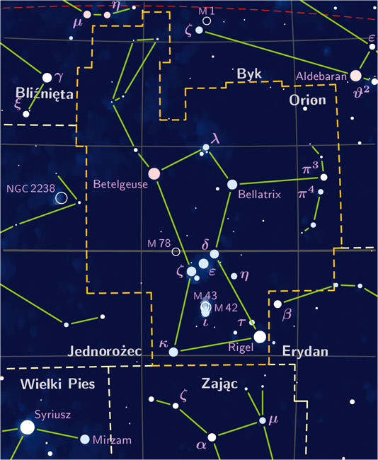 The Orion constellation and surrounding regions  By The original uploader was Blueshade at Polish Wikipedia - Transferred from pl.wikipedia to Commons., CC BY-SA 3.0, https://commons.wikimedia.org/w/index.php?curid=6493388